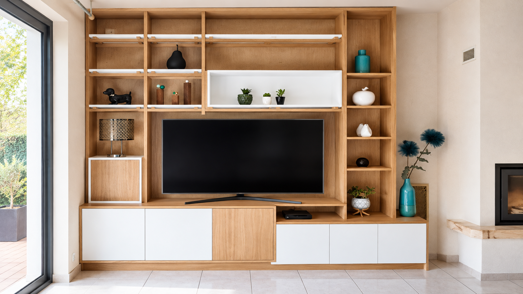 Salon scandinave avec meuble TV intégré en bois sur mesure, D'Créa