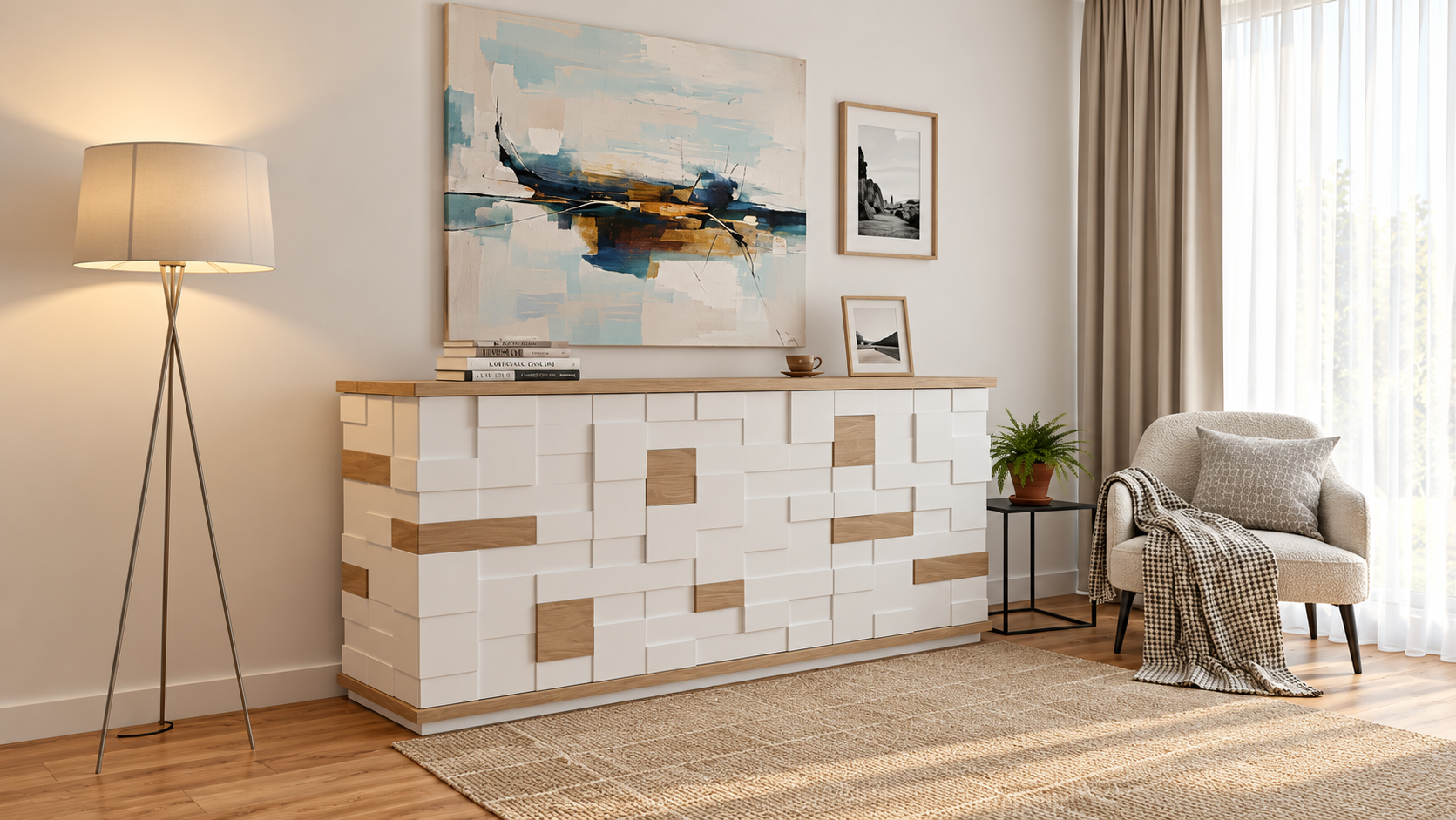 Enfilade contemporaine en MDF laqué et chêne massif, D'Créa