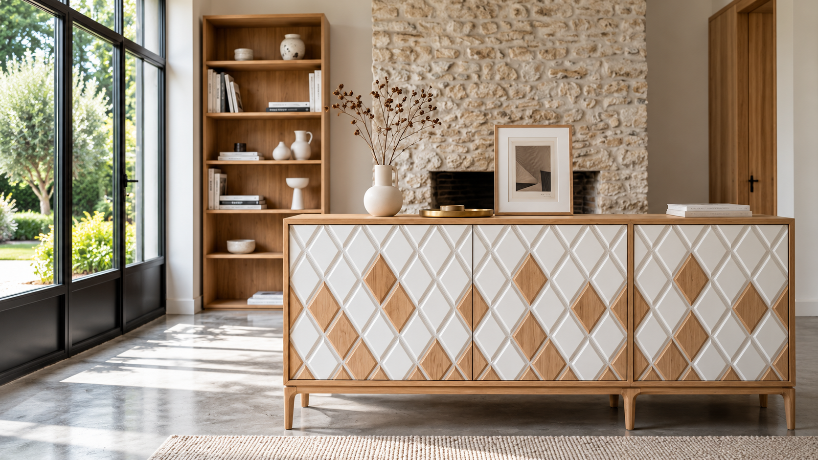 Enfilade géométrique en bois dans un intérieur scandinave, D'Créa