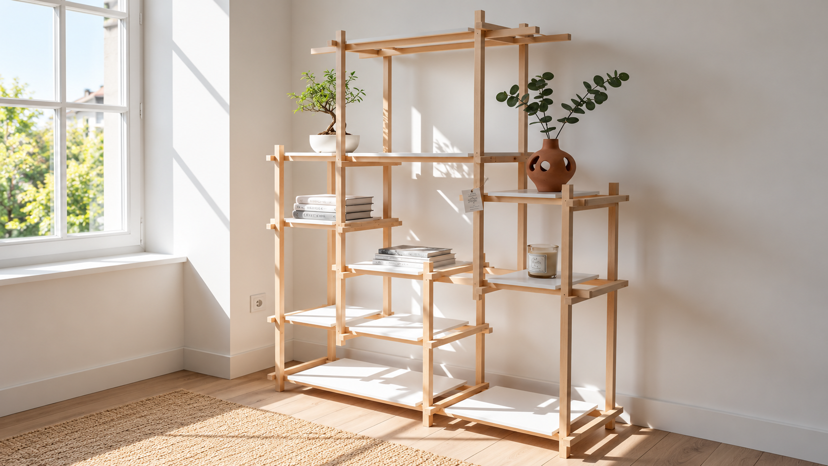 Étagère modulaire Japandi en résineux et MDF laqué blanc, D'Créa