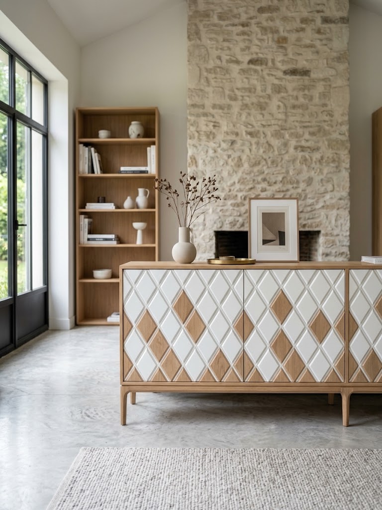 Panneau sculptural à losanges en chêne verni et blanc laqué, D'Créa